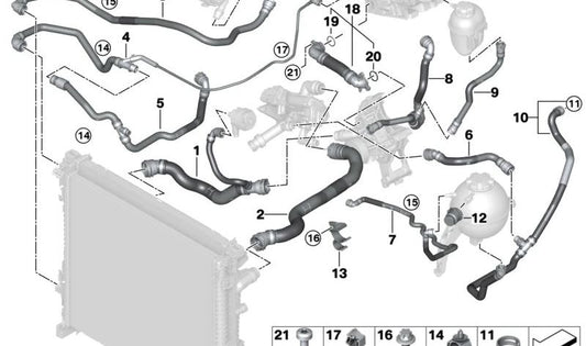 Tubo módulo gestión térmica OEM 17129894779 para BMW X5 G05, X6 G06, X7 G07 (xDrive40i). Original BMW.