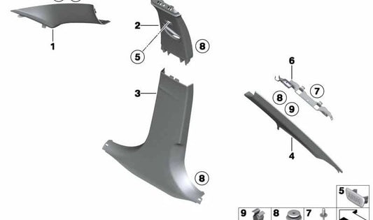 Moldura derecha del pilar C en color oyster OEM 51437288228 para BMW F30, F30N, F35, F35N, F80, F80N. Original BMW.