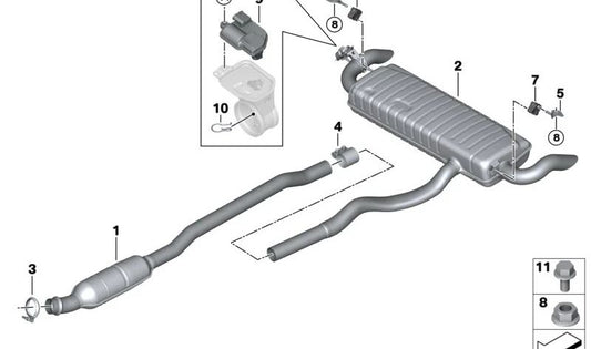 Soporte del silenciador trasero OEM 18305A06AB8 para BMW U06. Original BMW.