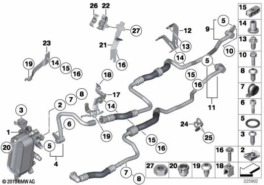 Oil cooler pipe for BMW 5 Series F07, F10, F11, 6 Series F06, F12, F13 (OEM 17227592401). Original BMW