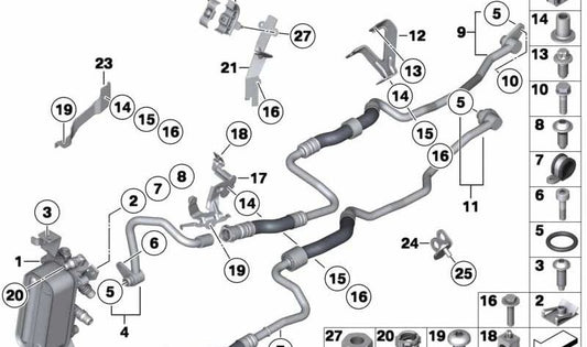 Tubería de aceite para enfriador OEM 17227605011 para BMW F07, F07N, F10, F10N, F06, F06N, F12, F12N, F13, F13N. Original BMW.