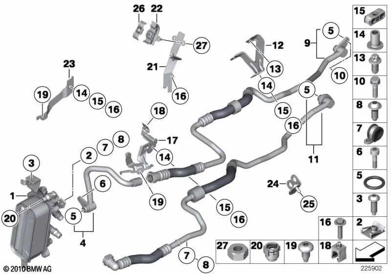 Retorno duto do refrigerador de óleo para BMW 5 F07 Series, F10 e 6 F06, F13, F13 (OEM 17227605012). BMW original.