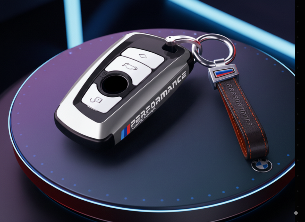Funda de llave edición limitada ///Performance con llavero de piel para tu BMW.