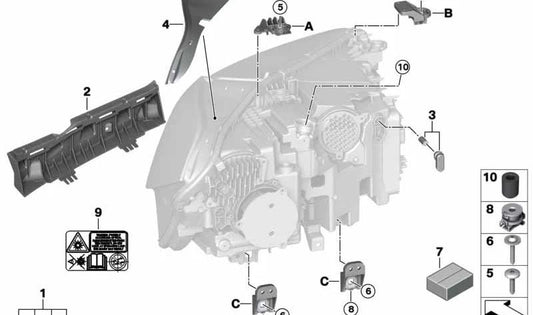 Junta izquierda del faro OEM 63119477981 para BMW G05, G18, F95, G06, F96. Compatible con X5 y X6 en versiones M50i, xDrive25d, xDrive30d, y X5 M. Original BMW.