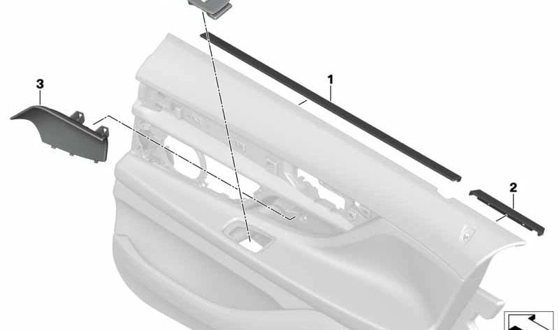 Tapa embellecedora hueco maneta puerta izquierda OEM 51427990861 para BMW G12 (todos los modelos 725Ld, 730Ld con y sin xDrive). Color blanco humo. Original BMW.