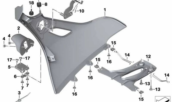 Tapa lateral izquierda del radiador OEM 46638562457 para BMW Motorrad K 1600 GTL (KK48) y K 1600 Bagger (KK61). Modelos: 0F02, 0F31, 0F51, 0F61. Original BMW Motorrad.