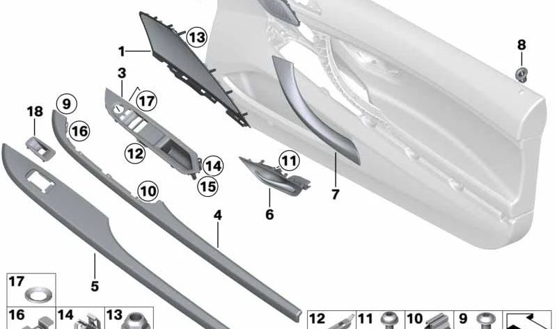Guarnição de porta esquerda em alumínio polido para BMW Série 6 F12, F13 (OEM 51417225385). BMW originais.