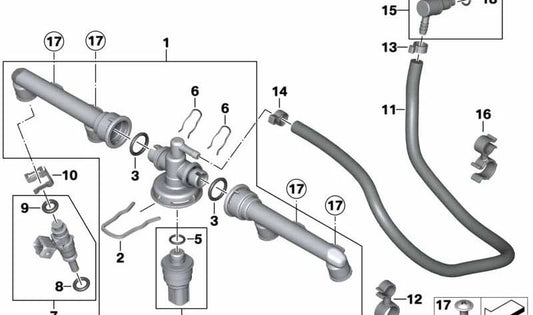 Soporte de manguera OEM 13311278232 para BMW E21, E30, E36, E28, F07, F07N, F10N, F11N, F06, F06N, F12, F12N, F13, F13N, F01N, F02N y Motorrad K40, K43, K44. Original BMW y Motorrad.