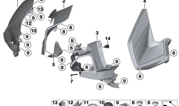 Revestimiento frontal izquierdo interior OEM 46638548631 para motos BMW R 1250 RT (K52) desde 11/2020. Original BMW Motorrad.