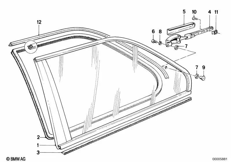 Left clear folding window for BMW 3 Series E30 (OEM 51361924981). Original BMW