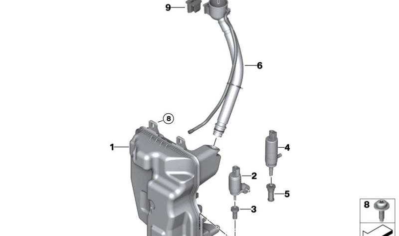 Réservoir liquide d'essuie-glace pour BMW 2 F46, F46N, X1 F48, F48N, X2 F39, Mini F60, F60N (OEM 6167403904). BMW d'origine