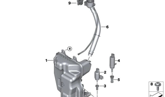 Réservoir liquide d'essuie-glace pour BMW 2 F46, F46N, X1 F48, F48N, X2 F39, Mini F60, F60N (OEM 6167403904). BMW d'origine