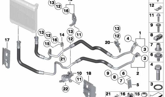 Soporte tubo radiador de aceite OEM 17227586893 para BMW F07, F07N, F10, F10N, F06, F06N, F12, F12N, F13, F13N, F01, F01N, F02, F02N, F04. Original BMW.