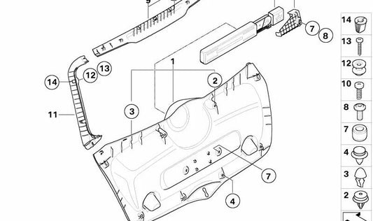 Panel interior inferior del portón trasero OEM 51497148904 para MINI R56 (Cooper, Cooper S, Cooper D) {MF31, MF32, MF41, MF42, SU31, SU32, SU41, SU42, DMG31, DMG32}. Original MINI.