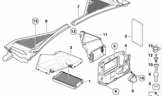 Couverture droite pour l'hébergement du microfiltre OEM 64316945584 pour BMW E70, E71, E72. BMW d'origine