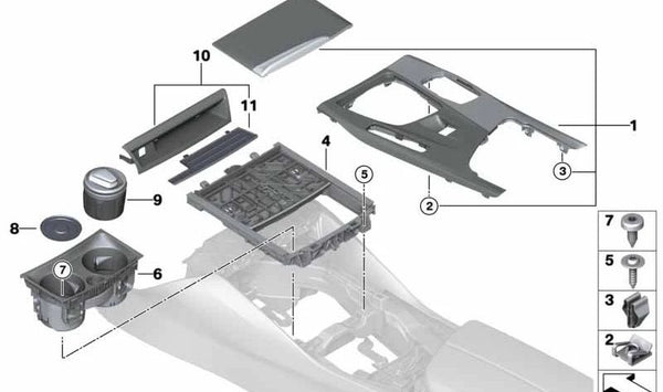 Decoración consola central en madera de nogal OEM 51169391301 para BMW G30, G31. Original BMW.