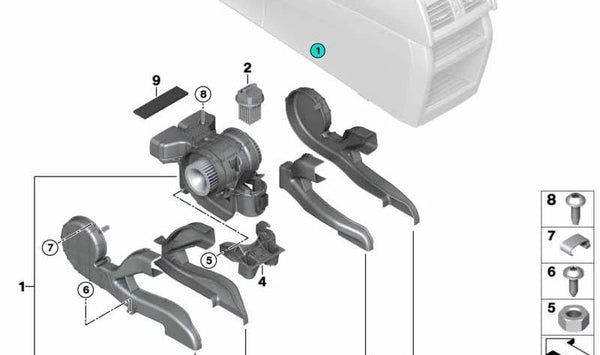 Soporte del ventilador trasero OEM 64116947555 para BMW E70, E71, E72, F15, F16, F85, F86. Original BMW.