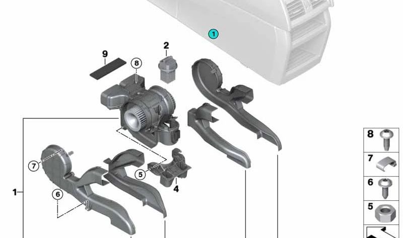Motor del ventilador habitáculo con carcasa OEM 64119272650 para BMW X6 F16 y F86 (modelos sDrive35i, xDrive30d, xDrive35i, xDrive40d). Original BMW.