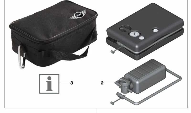 Kit reparación pinchazos (Reifen Mobility Set) OEM 71105A34B49 para MINI F55, F56, F57, F54, F60, F65, F66, F67, R50, R52, R53, R55, R56, R57, R58, R59, R60, R61, U25. Original MINI.