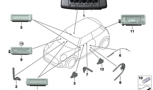Guía de luz interior puerta derecha OEM 63319304048 para MINI F56, F57. Original MINI.
