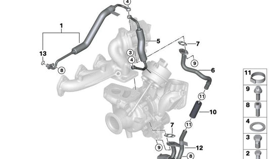 Tubería de aceite OEM 11428586483 para BMW G20, G20N, G21, G21N, G28, G28N, G22, G22N, G23, G23N, G26, G26N, G30, G30N, G31, G31N, G32, G32N, G01, G01N, G02, G02N. Original BMW.