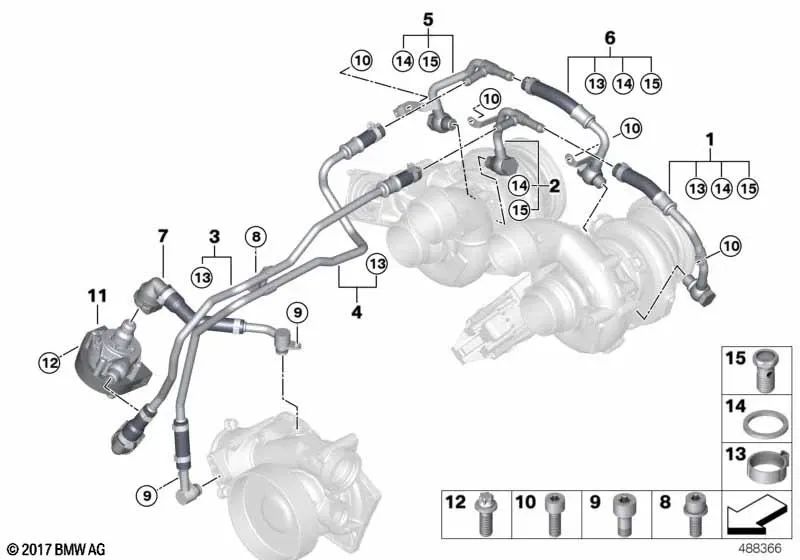 Inlet Coolant Pipe for BMW F90, F91, F92, F93, F95, F96 (OEM 11537852357). Original BMW.