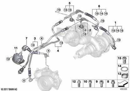 Inlet Coolant Pipe for BMW F90, F91, F92, F93, F95, F96 (OEM 11537852357). Original BMW.