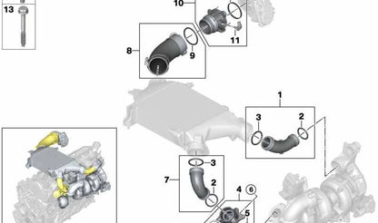 Tubo de admisión turbo (Ladeluftleitung) OEM 11618579895 para BMW G30, G31, G11, G12, G05, G06, G07. Compatible con motores B57S. Original BMW.