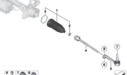 Left Tie Rod End for BMW 1 Series F20, F21, 2 Series F22, F23, 3 Series F30, F31, F34, 4 Series F32, F33, F36 (OEM 32106799960). Original BMW