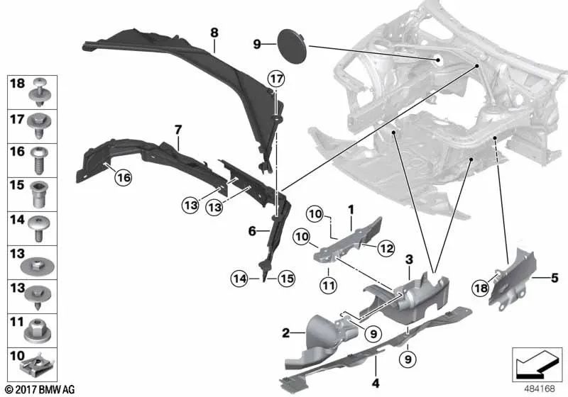 Cubierta de los agregados de dirección delantera derecha para BMW F87, F87N, F80, F80N, F82, F83 (OEM 51758055732). Original BMW.