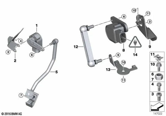 Left height level sensor bracket for BMW E84 (OEM 37146791073). Original BMW.