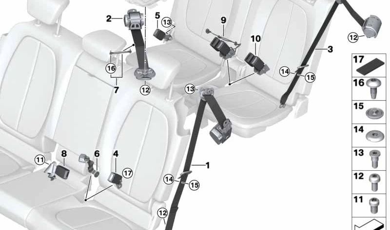 Corrente de segurança traseira central superior para BMW F46. BMW original.
