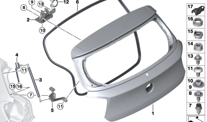 Supporto di smorzamento del gas corporeo destro per BMW F20, F21 (OEM 51247248532). BMW originale