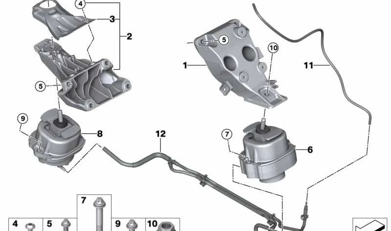 Soporte de motor OEM 22116869356 para BMW F15 (X5 xDrive28i) y F16 (X6 xDrive28i). Original BMW.