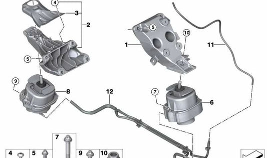Soporte de motor OEM 22116869356 para BMW F15 (X5 xDrive28i) y F16 (X6 xDrive28i). Original BMW.