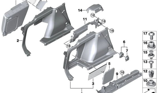 Tapa de servicio izquierda OEM 51479871925 para BMW G21, G21N, G81 y G81N. Pieza original BMW, encaja en el lateral del maletero como parte del revestimiento interior.