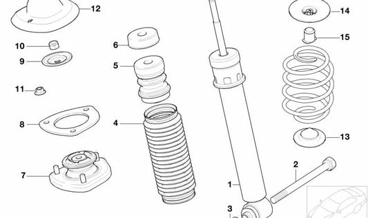 OEM rear shock absorber 33506751543 for BMW X5 E53 (3.0d and 3.0i models, manual and automatic, total traction, 2001-2006). Original BMW.