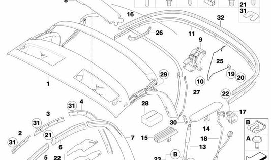 Guia da pista frontal direita 54317043900 para BMW Z4 E85 {2.0i, 2.2i, 2.5i} entre 2002 e 2008. BMW original.