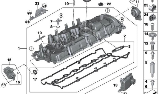 Juego de juntas tapa de balancines OEM 11121023249 para BMW G20, G21, G22, G23, G26, G60, G61, G70, G45, G05, G18, G06, G07, G09. Original BMW.