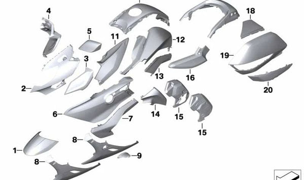 Carcasa trasera derecha OEM 46639446958 para BMW Motorrad K 1600 Bagger (KK61, modelo 0F51) desde 05/2017 hasta 07/2021. Color plata. Pieza original BMW Motorrad.