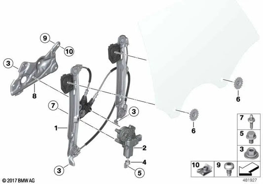 Window lifter without motor rear left for BMW F34, F34N (OEM 51357339589). Original BMW