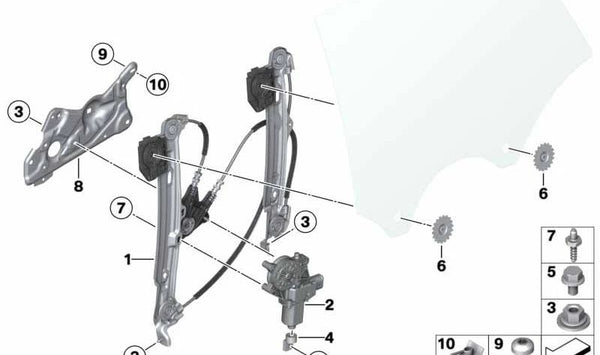 Mecanismo elevalunas trasero derecho sin motor OEM 51357339590 para BMW Serie 3 GT (F34). Original BMW