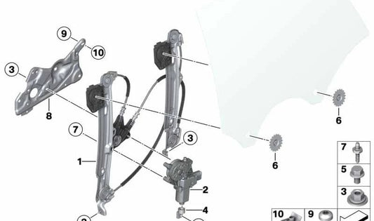 OEM 51337162963 window support for BMW F21, F22, F23, F87, E92, E93, F34, F32, F33, F36, F82, F83, E84, E89. Original BMW.