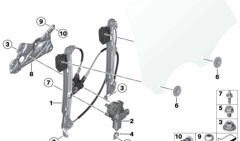 Elevalunas trasero derecho sin motor OEM 51357365258 para BMW F36. Original BMW.