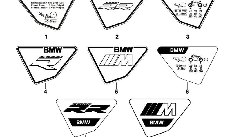 Etiqueta indicadora de neumáticos OEM 33358388851 para BMW Motorrad M 1000 R (MKM3), M 1000 RR (SK66), S 1000 RR (SK67). Original BMW Motorrad.