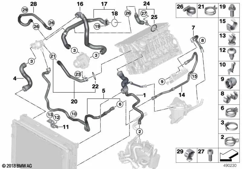 Mangueira de refrigeração para BMW F07, F10, F11, F06, F12, F13, F01N, F02N Série 5, Série 6, Série 7 (OEM 17127580958). BMW original