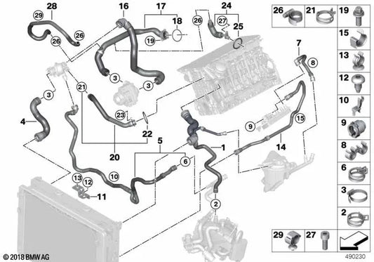 Mangueira de refrigeração para BMW F07, F10, F11, F06, F12, F13, F01N, F02N Série 5, Série 6, Série 7 (OEM 17127580958). BMW original