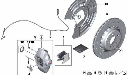 Pinza de freno trasera derecha OEM 34218046262 para BMW F87, F87N, F80N, F82, F82N, F83, F83N. Original BMW.
