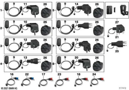 Kit di avvio a caricatore rapido rapido flessibile Tipo E+F per BMW 2 U06, serie 3 G20, G20N, G21, G21N, Serie G30N 5, G31N, 7 G70, I20, X1 F48N, X2 F39, X3 G01N, MINI F60N ( OEM 61905A13823). BMW originale.
