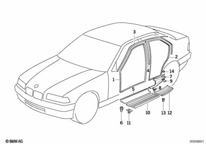 Cubierta de umbral de entrada trasera izquierda para BMW Serie 3 E36 (OEM 51478130053). Original BMW.